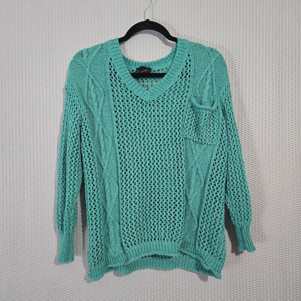 Lumiere Teal Green Open Knit V-Neck Sweater XS Cable Knit Boho Crochet Pullover